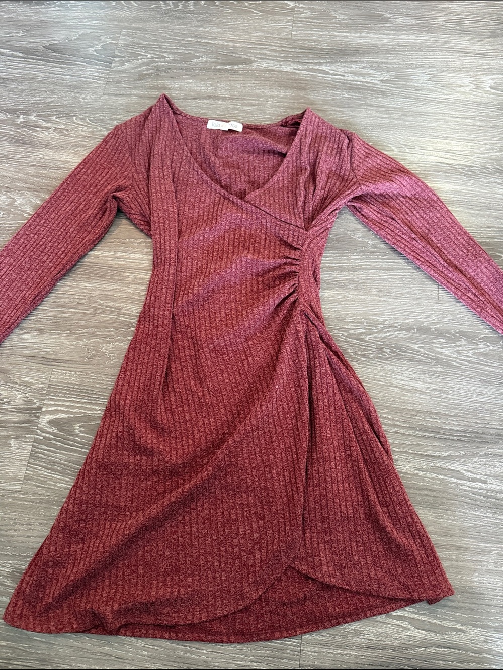 Ribbed Wrap-Front Long-Sleeve Dress in Burgundy/Pink